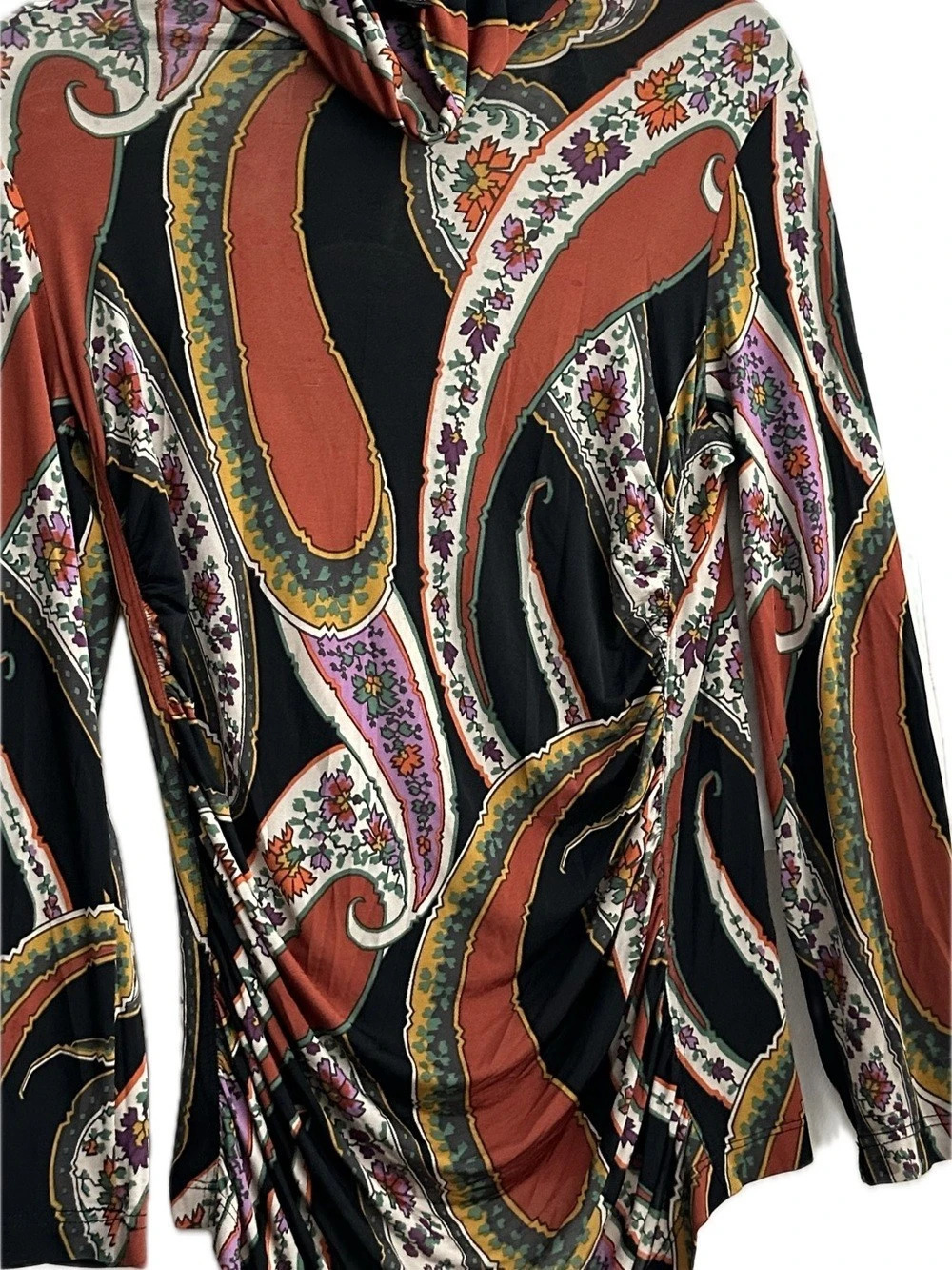 Etro Paisley Print Cowl Neck Ruched Top Black & Red Medium Like New